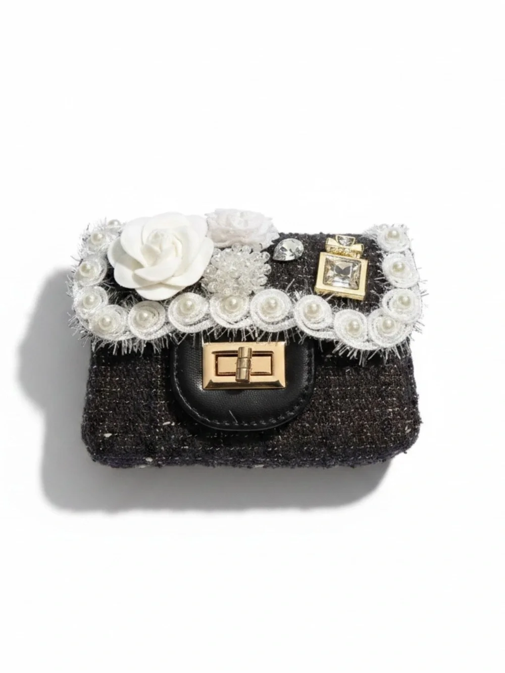 New Girls' Black Tweed with Charms Mini Crossbody Shoulder Bag Purse Chain Strap
